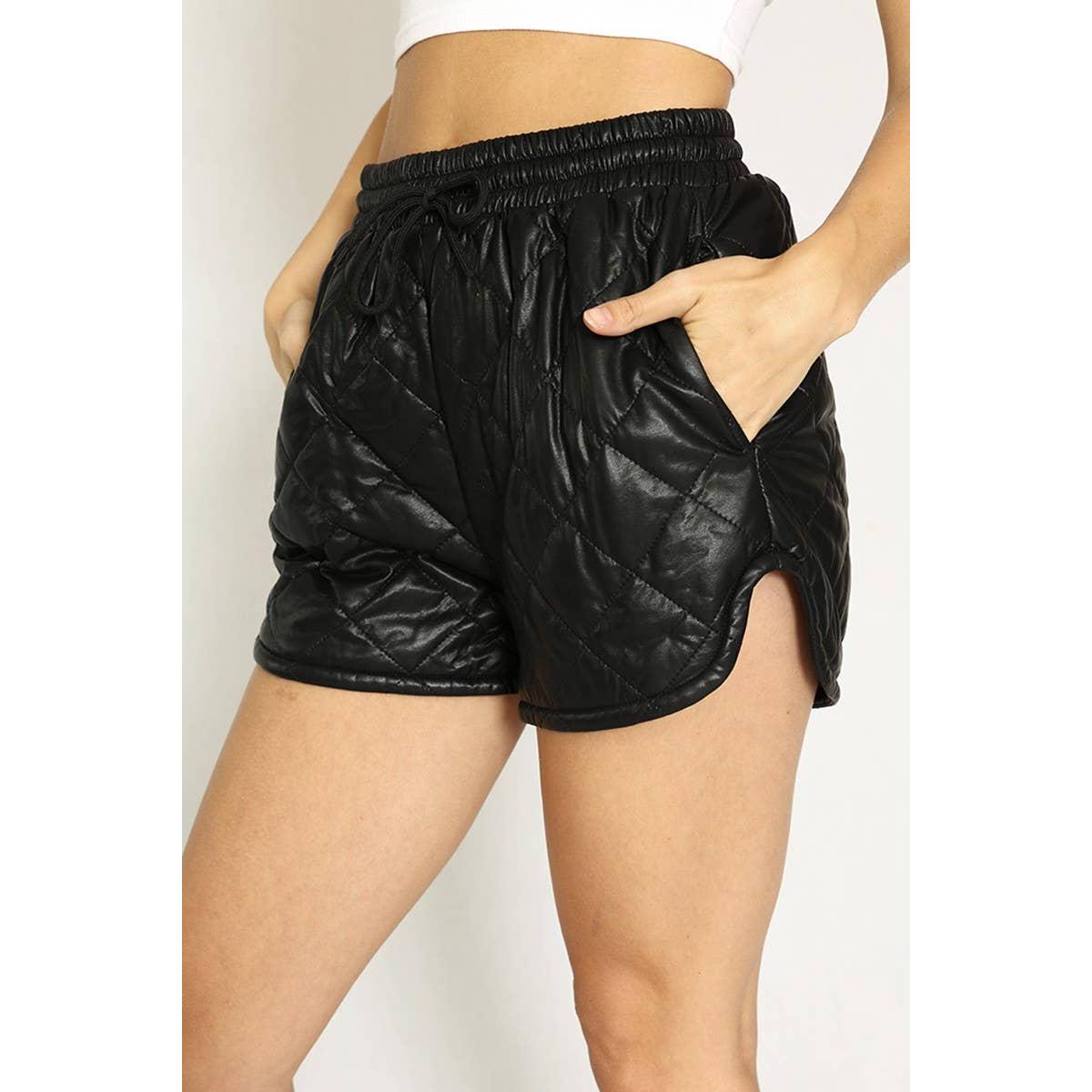 Black Puffer Shorts | Women’s Quilted Lined Shorts with Elastic Drawstring Waist & Pockets