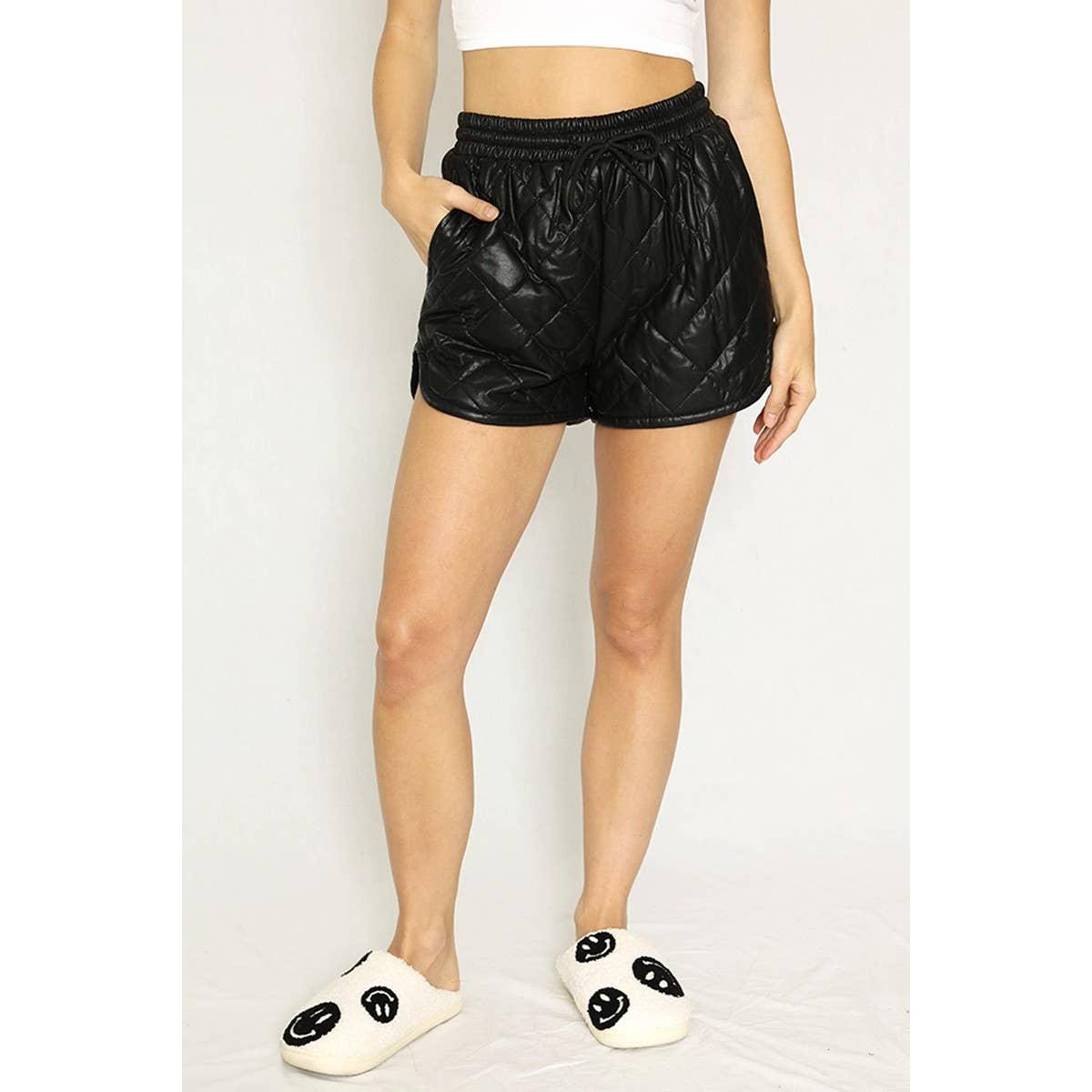 Black Puffer Shorts | Women’s Quilted Lined Shorts with Elastic Drawstring Waist & Pockets