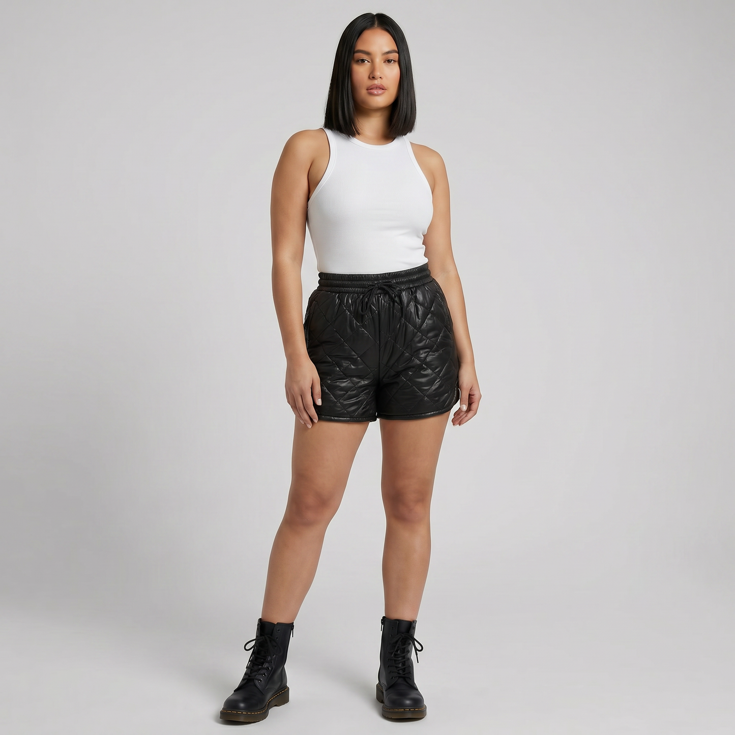 Black Puffer Shorts | Women’s Quilted Lined Shorts with Elastic Drawstring Waist & Pockets