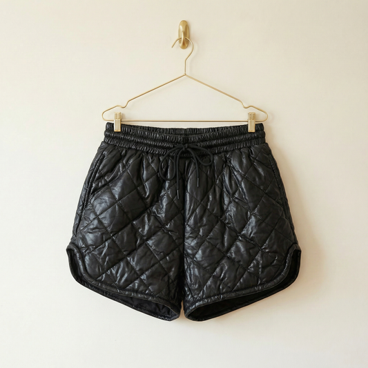 Black Puffer Shorts | Women’s Quilted Lined Shorts with Elastic Drawstring Waist & Pockets