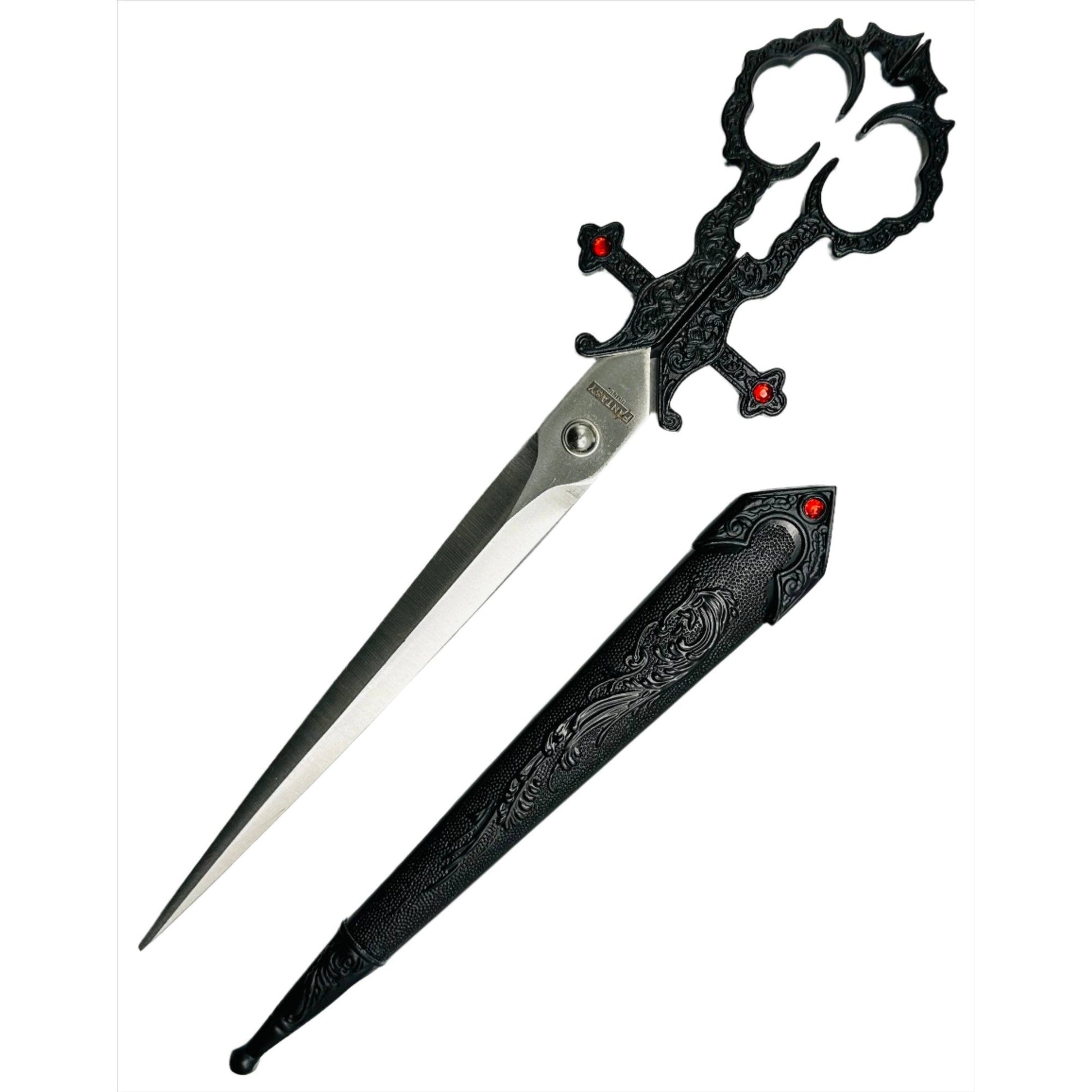 Black Renaissance Scissors with Scissors Holder | Sword in Scabbard Fantasy Novelty Large Scissors