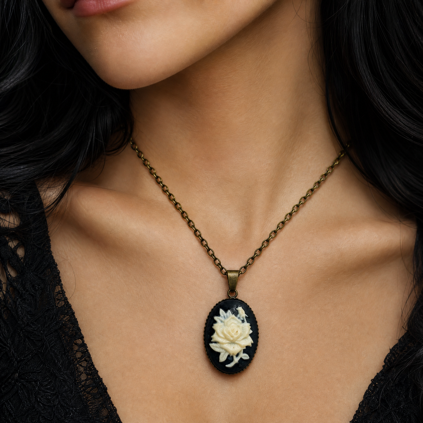 Black Rose Cameo Pendant Necklace | Gothic Vintage Dark Romance Jewelry