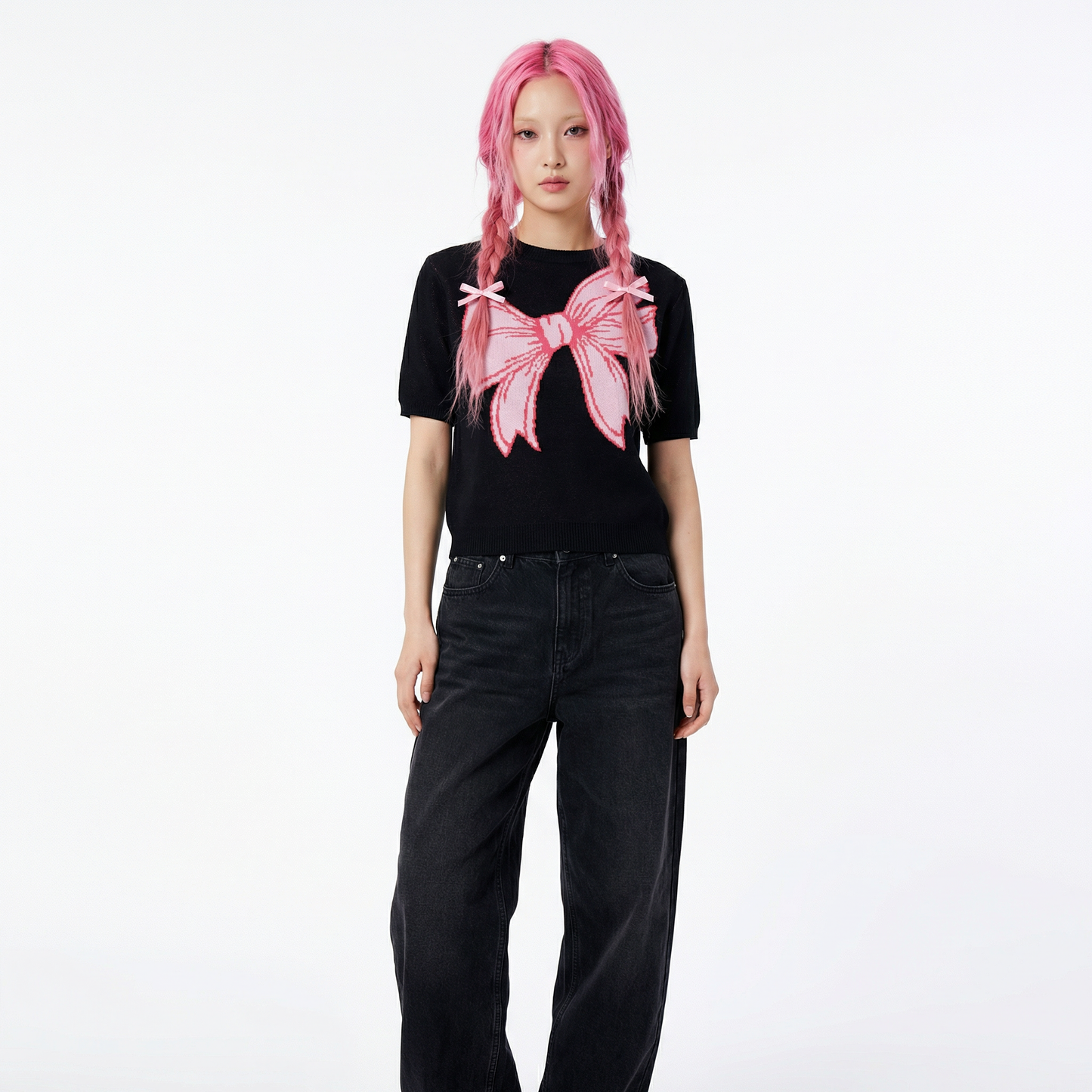 Black Short Sleeve Bow Sweater | Knit Top with Bow Detail | Women's Novelty Knit Sweater