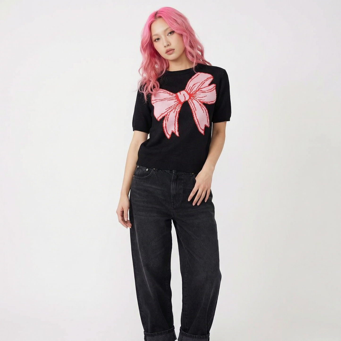 Black Short Sleeve Bow Sweater | Knit Top with Bow Detail | Women's Novelty Knit Sweater