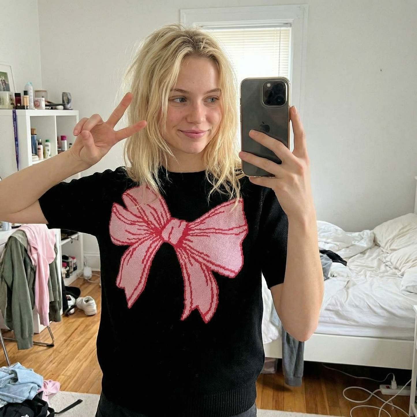 Black Short Sleeve Bow Sweater | Knit Top with Bow Detail | Women's Novelty Knit Sweater