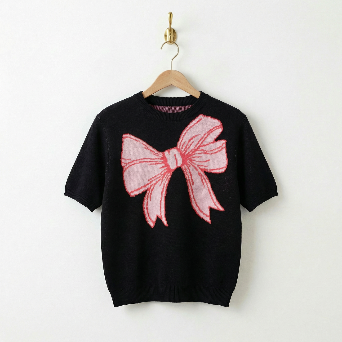Black Short Sleeve Bow Sweater | Knit Top with Bow Detail | Women's Novelty Knit Sweater