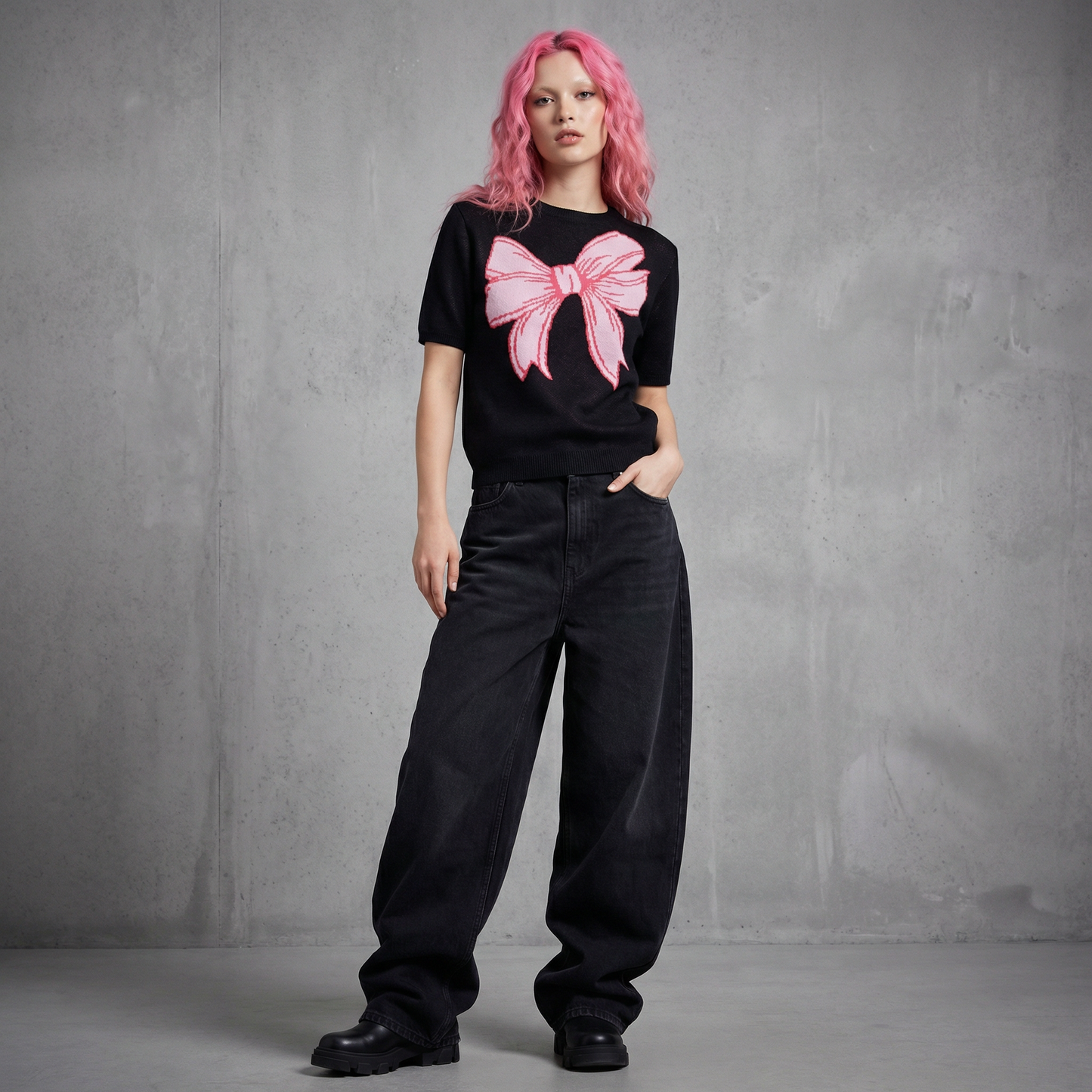 Black Short Sleeve Bow Sweater | Knit Top with Bow Detail | Women's Novelty Knit Sweater