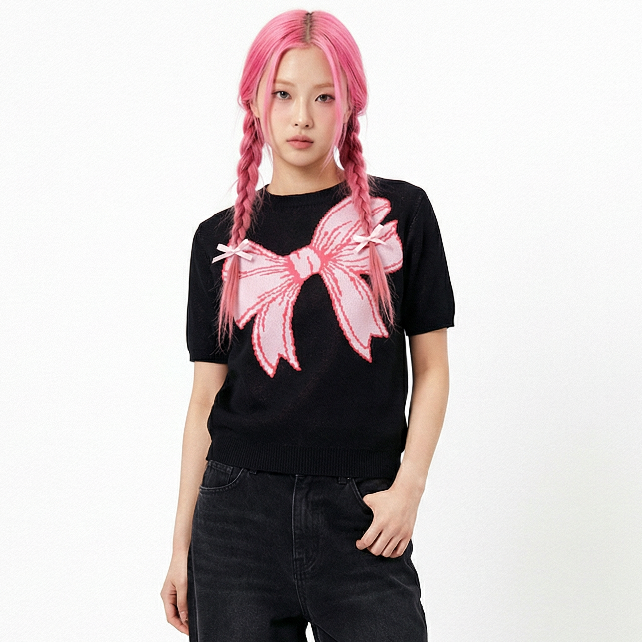 Black Short Sleeve Bow Sweater | Knit Top with Bow Detail | Women's Novelty Knit Sweater