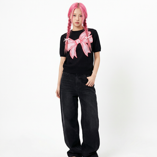 Black Short Sleeve Bow Sweater | Knit Top with Bow Detail | Women's Novelty Knit Sweater