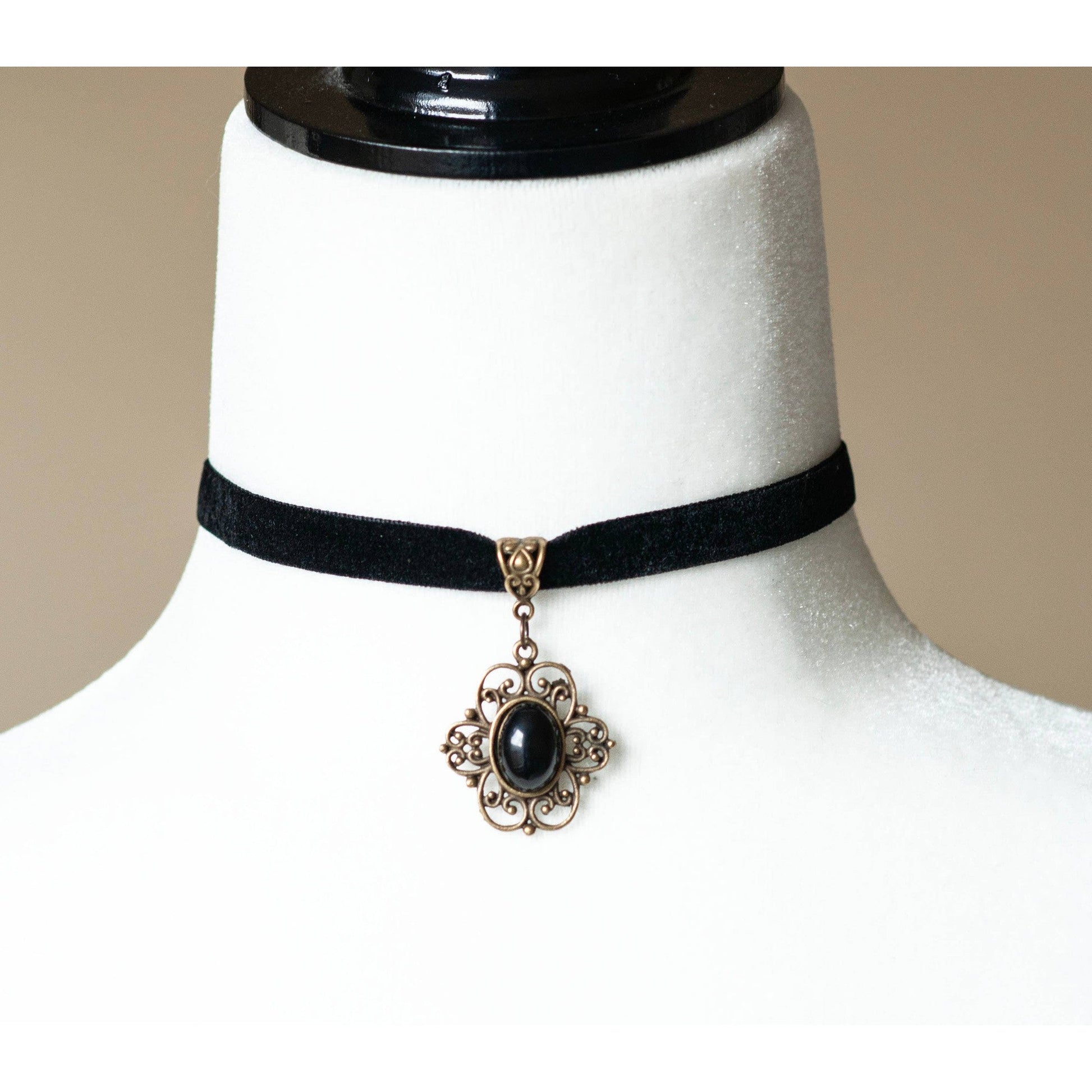 Black Velvet Choker with Agate Pendant in Floral Filigree