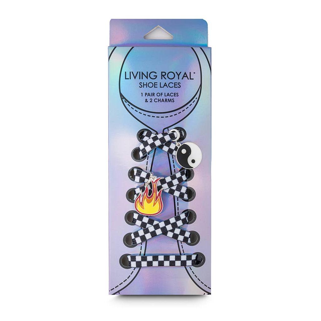 Black & White Checkered Shoelaces with Yin Yang & Fire Charms | Shoestrings with Charm Set