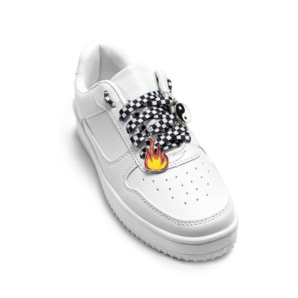 Black & White Checkered Shoelaces with Yin Yang & Fire Charms | Shoestrings with Charm Set
