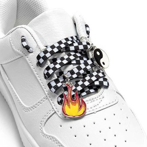 Black & White Checkered Shoelaces with Yin Yang & Fire Charms | Shoestrings with Charm Set
