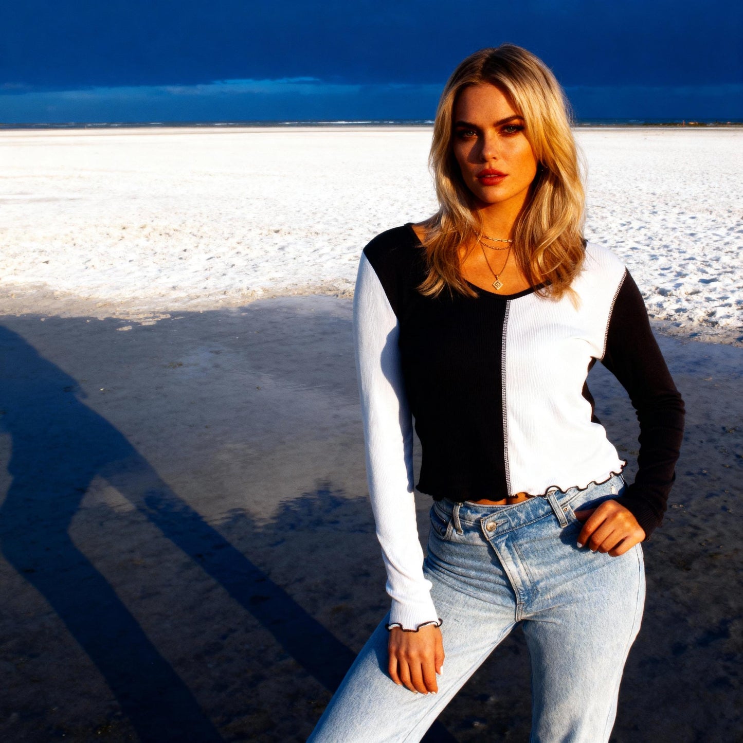 Black & White Cookie Two-Toned Scoop Neck Long Sleeve Top  | Trendy Cropped Fitted Contrast Top [Sizes SM–XL]