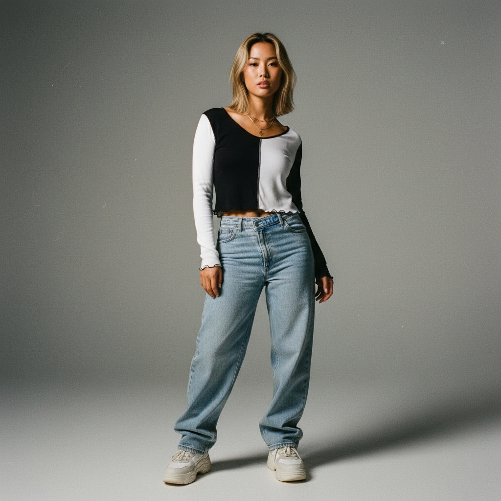 Black & White Cookie Two-Toned Scoop Neck Long Sleeve Top  | Trendy Cropped Fitted Contrast Top [Sizes SM–XL]