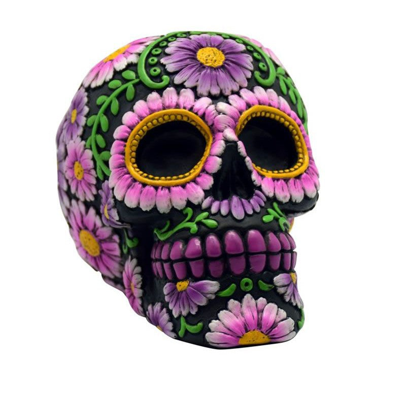 Black and Pink Floral Sugar Skull Resin Coin Bank | Halloween Theme Penny Money Container