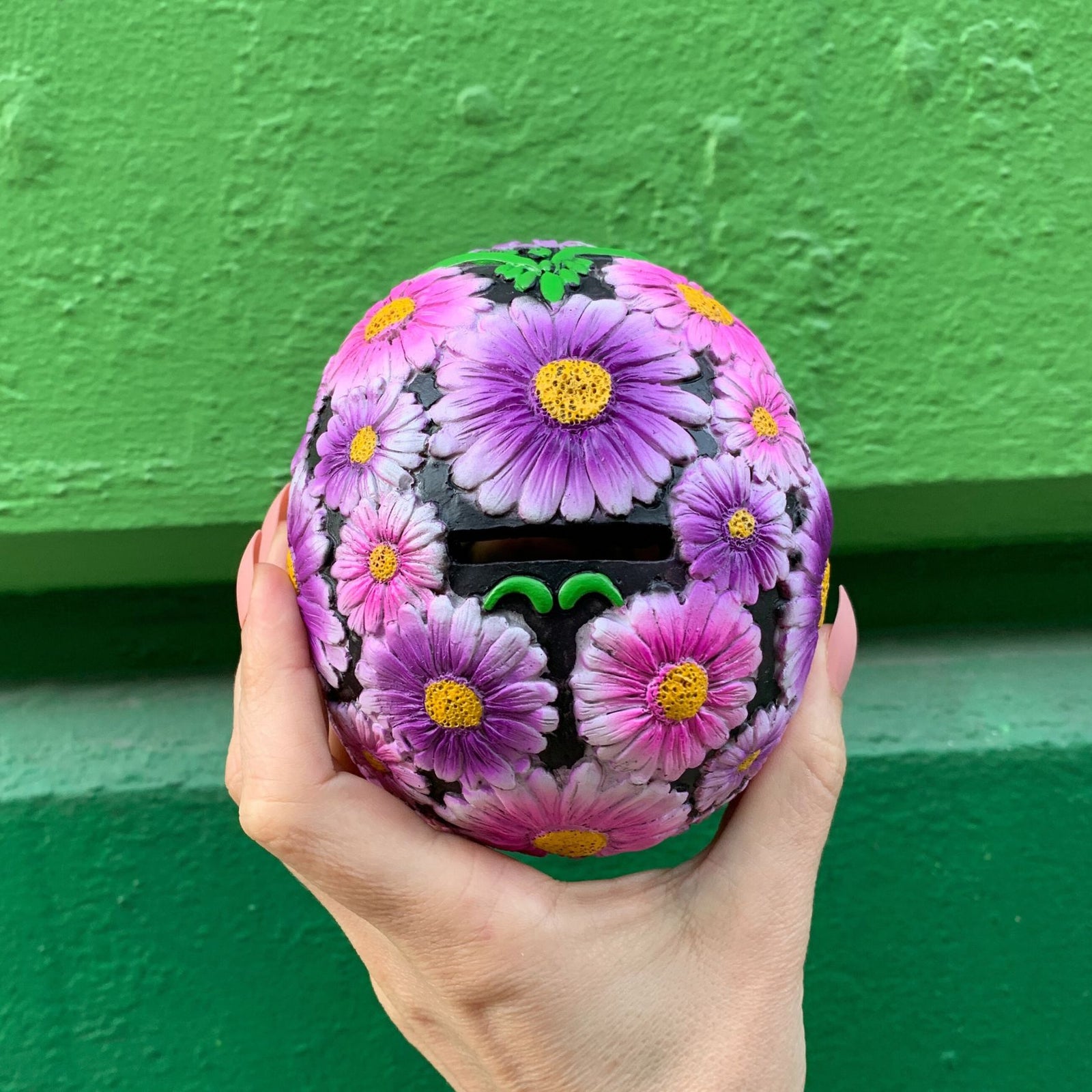 Black and Pink Floral Sugar Skull Resin Coin Bank | Halloween Theme Penny Money Container