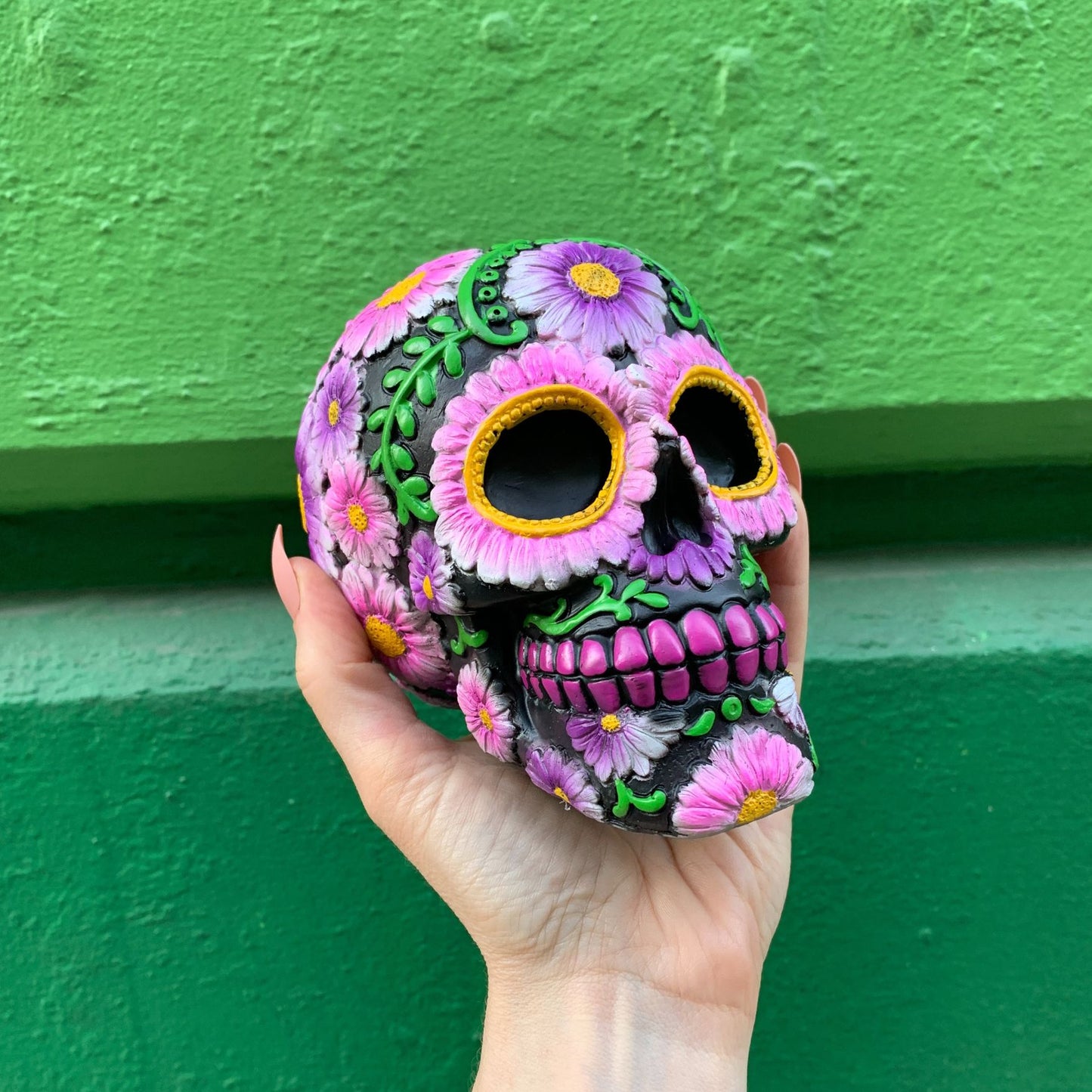 Black and Pink Floral Sugar Skull Resin Coin Bank | Halloween Theme Penny Money Container