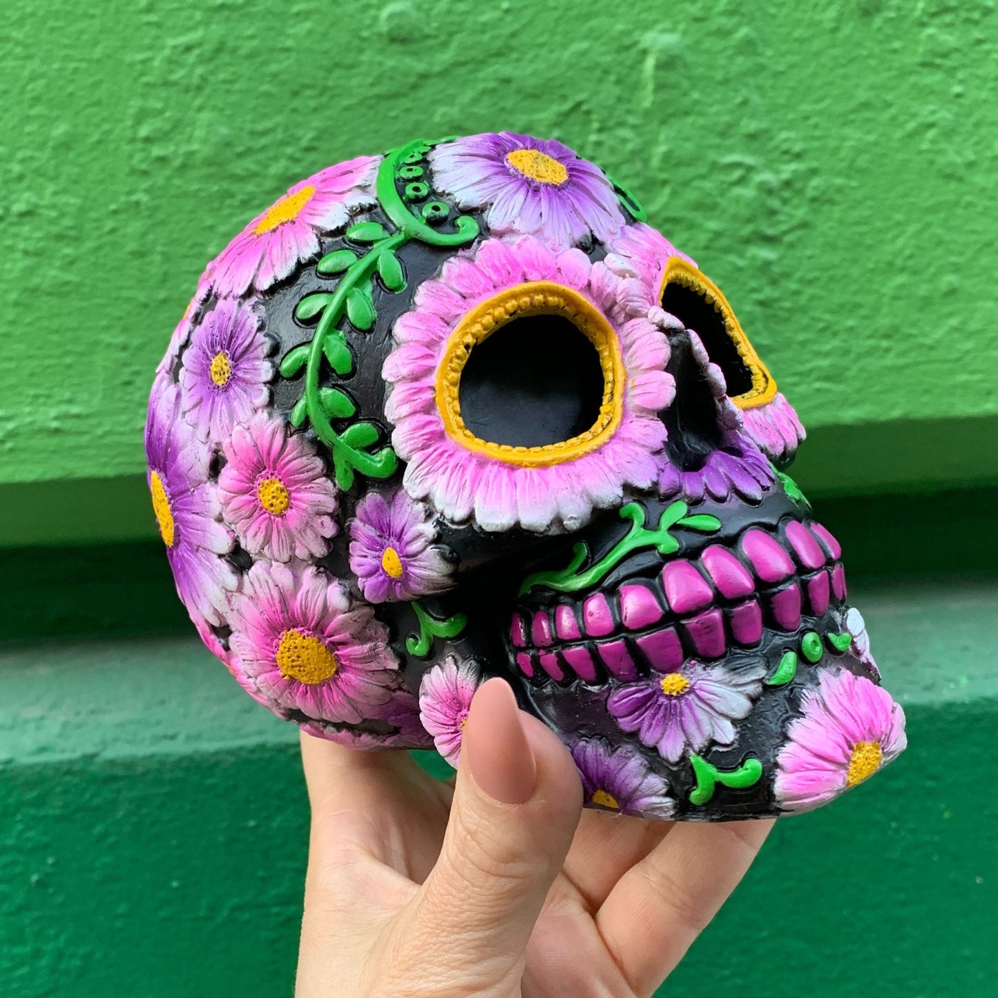 Black and Pink Floral Sugar Skull Resin Coin Bank | Halloween Theme Penny Money Container