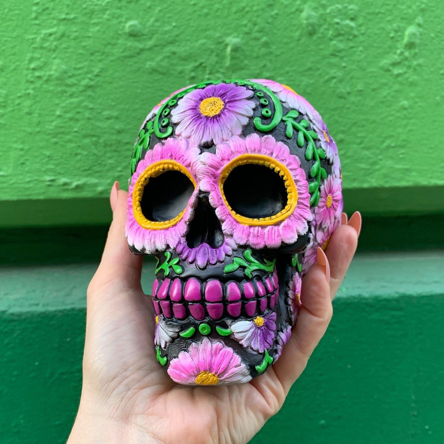 Black and Pink Floral Sugar Skull Resin Coin Bank | Halloween Theme Penny Money Container