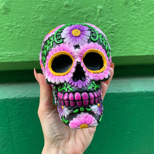 Black and Pink Floral Sugar Skull Resin Coin Bank | Halloween Theme Penny Money Container