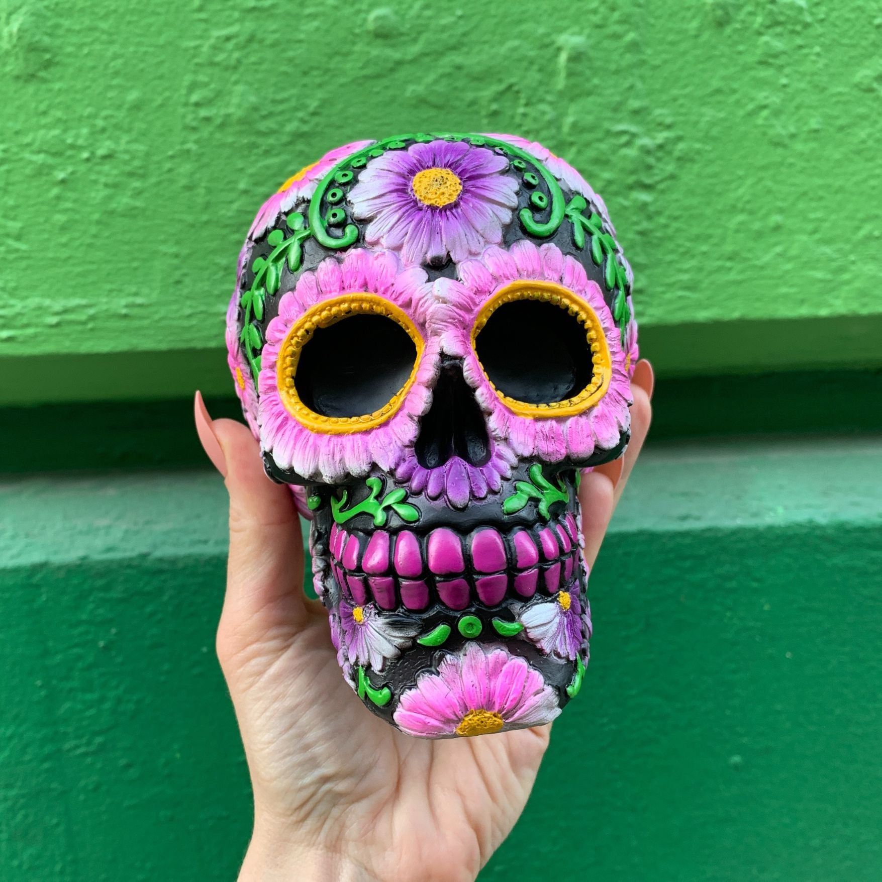 Black and Pink Floral Sugar Skull Resin Coin Bank | Halloween Theme Penny Money Container