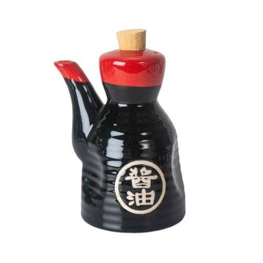 Black and red ceramic soy soyce bottle with a cork lid