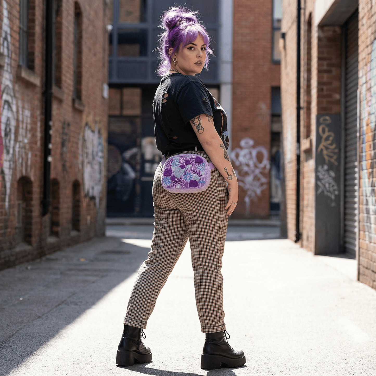 Blooming Flowers in Purple Adjustable Belt Bag | Embroidered Floral Design Waist Bag