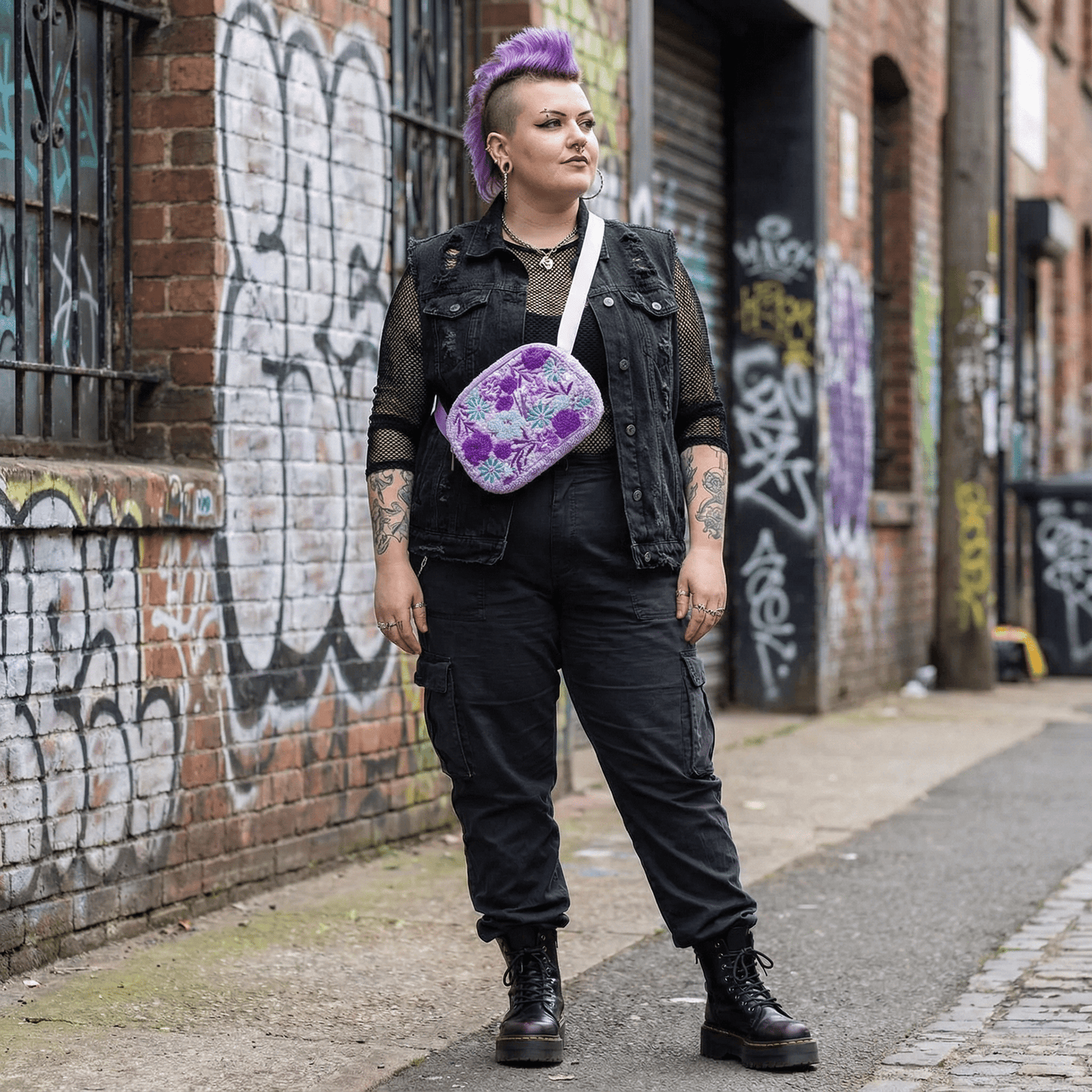 Blooming Flowers in Purple Adjustable Belt Bag | Embroidered Floral Design Waist Bag