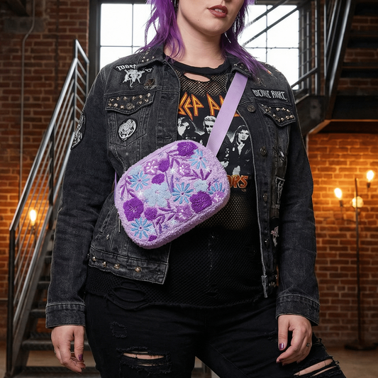 Blooming Flowers in Purple Adjustable Belt Bag | Embroidered Floral Design Waist Bag