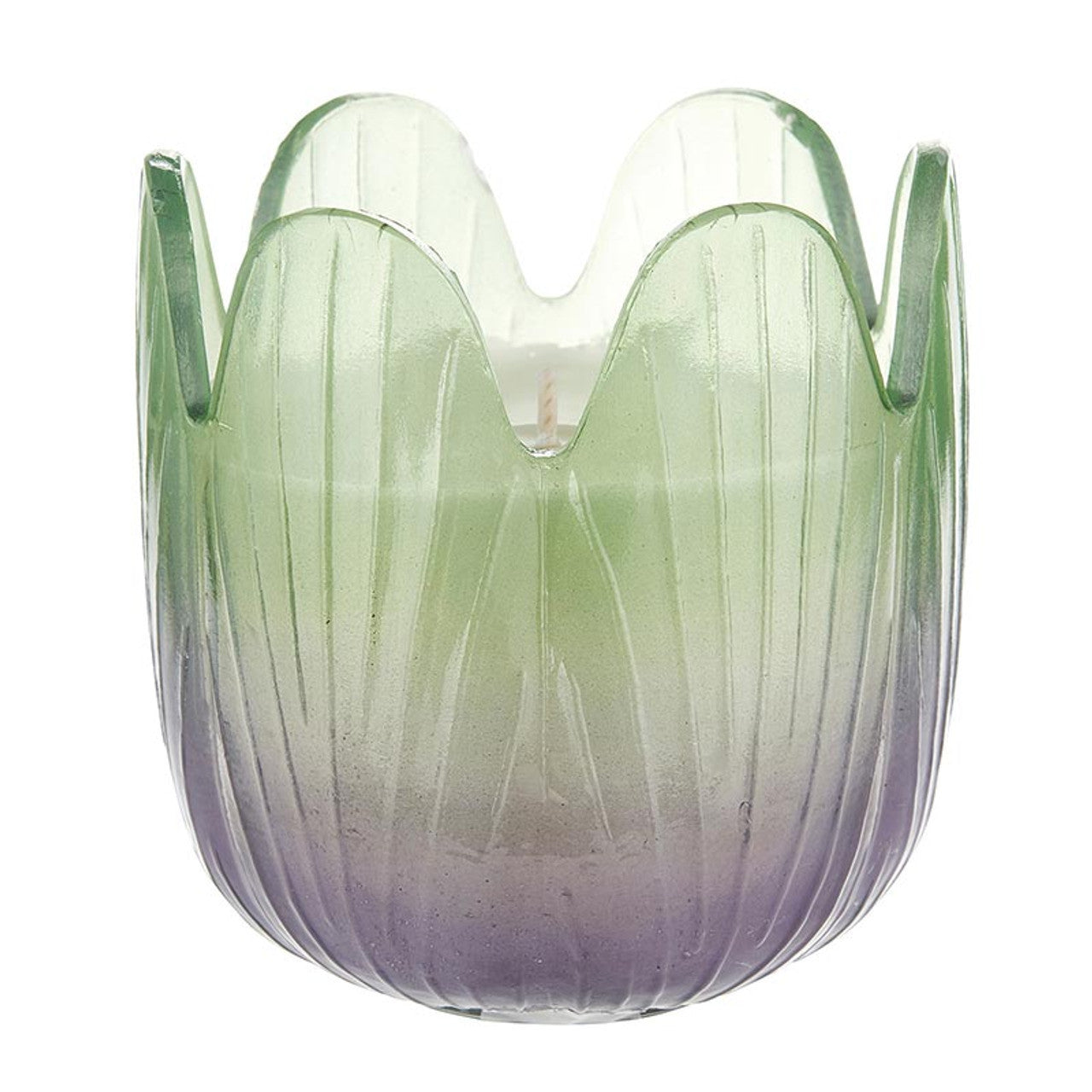 Green and purple glass candle holder on a white background