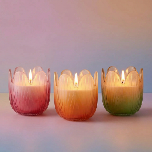 Blossom Candle Collection – Colorful Glass Flower Candles in Multiple Scents & Sizes