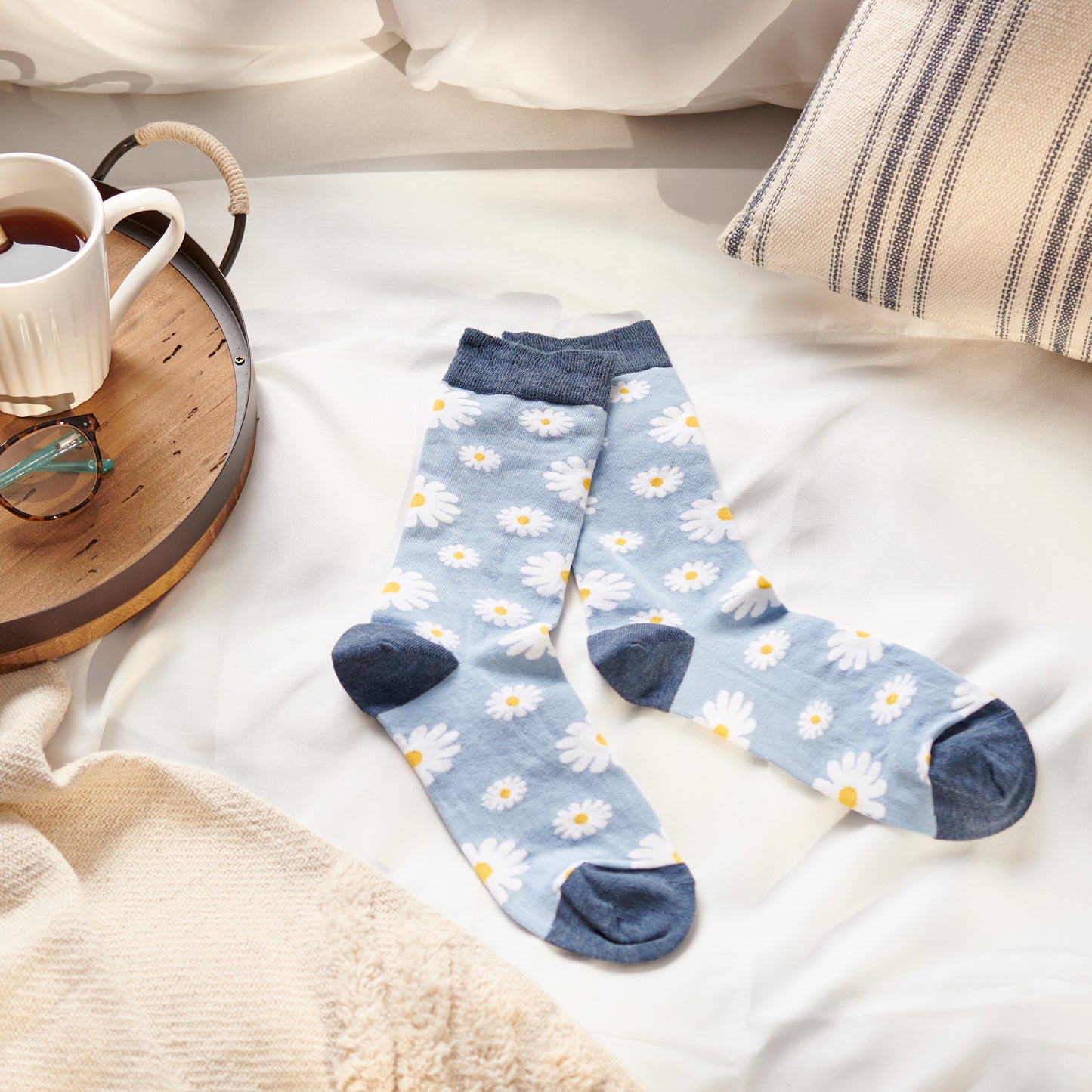 Blue Daisy Cotton Crew Socks | One Size Fits Most