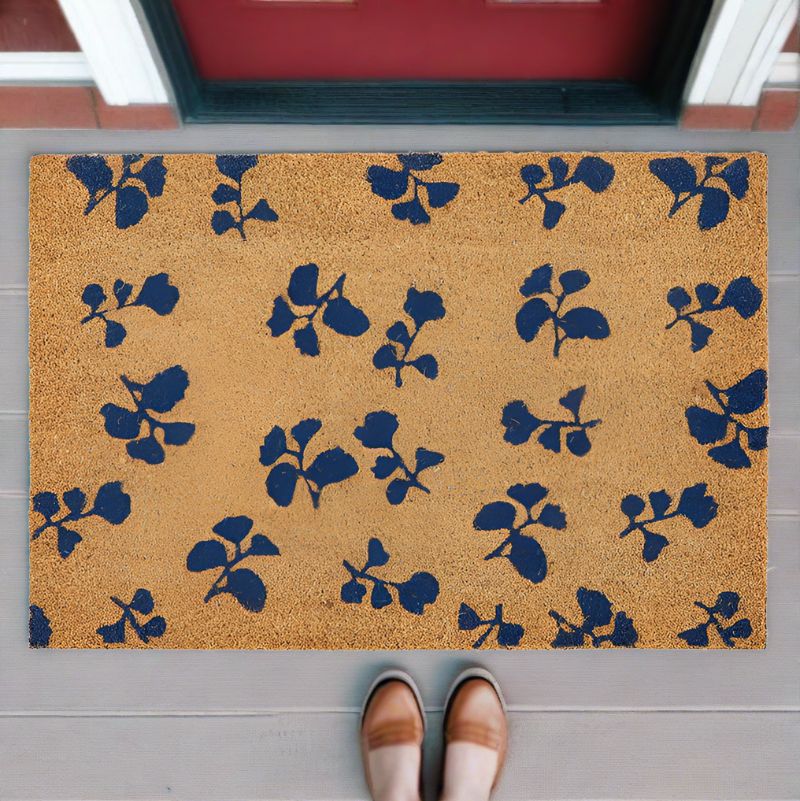 Blue Floral Coir Fiber Doormat | Outdoor Garden Mat | 24" X 17"