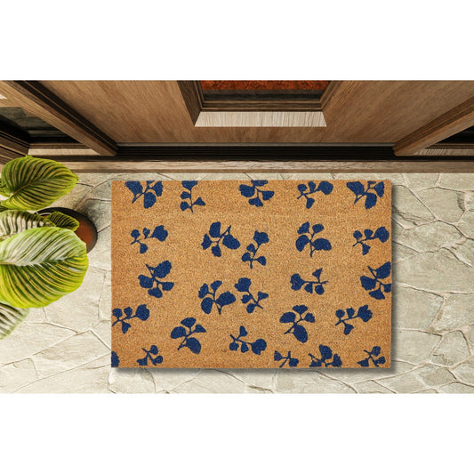 Blue Floral Coir Fiber Doormat | Outdoor Garden Mat | 24" X 17"