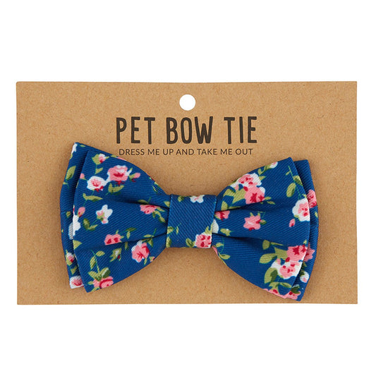 Blue Floral Pet Bow Tie | Dog or Cat Fancy Bowtie Attaches to Collar