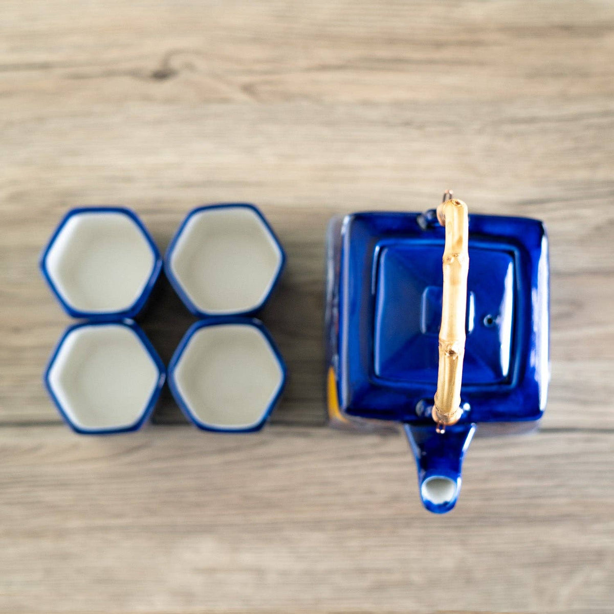 Blue Fuji Mountain Porcelain Tea Set | 20 fl oz Teapot and 4 Hexagon Cups