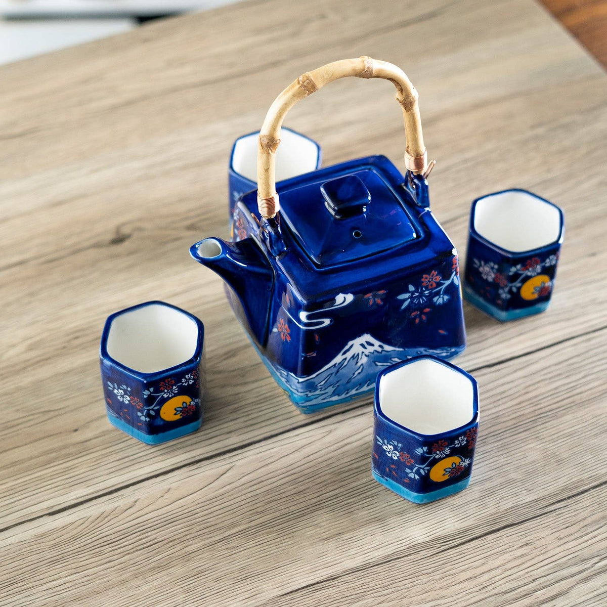 Blue Fuji Mountain Porcelain Tea Set | 20 fl oz Teapot and 4 Hexagon Cups