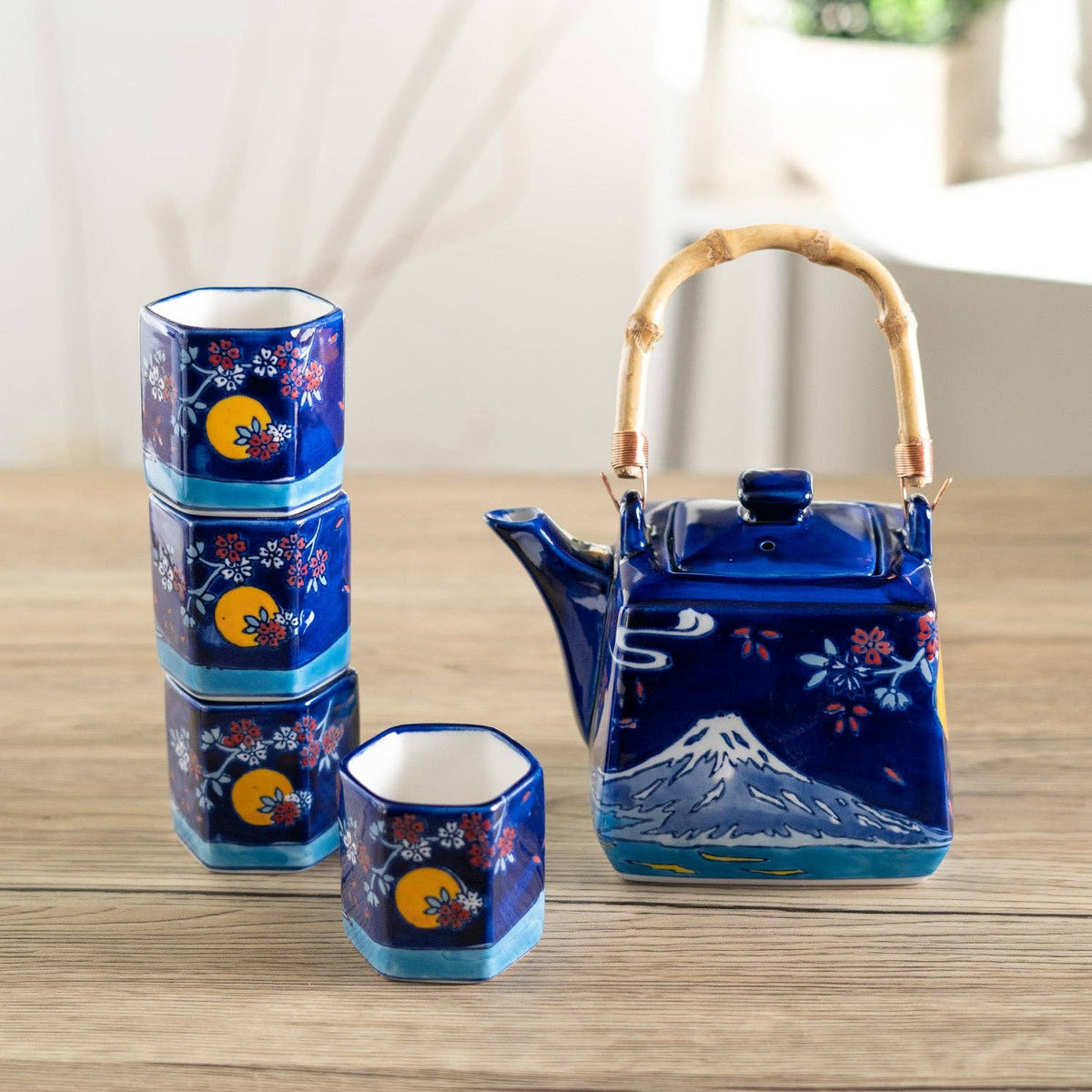 Blue Fuji Mountain Porcelain Tea Set | 20 fl oz Teapot and 4 Hexagon Cups