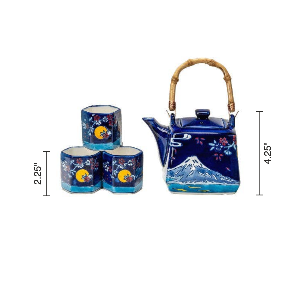 Size chart: teapot 4.25 inches tall, cups 2.25 inches tall
