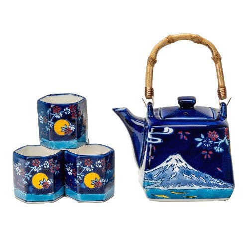 Blue Fuji Mountain Porcelain Tea Set | 20 fl oz Teapot and 4 Hexagon Cups-Urban Tokyo-The Bullish Store