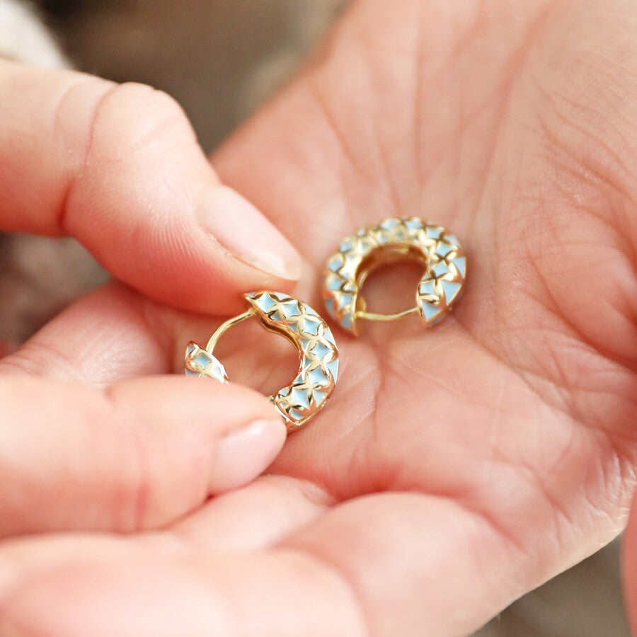 Blue Geometric Enamel Hoop Earrings in Gold | Designed in the UK | 14K Gold Plated Brass