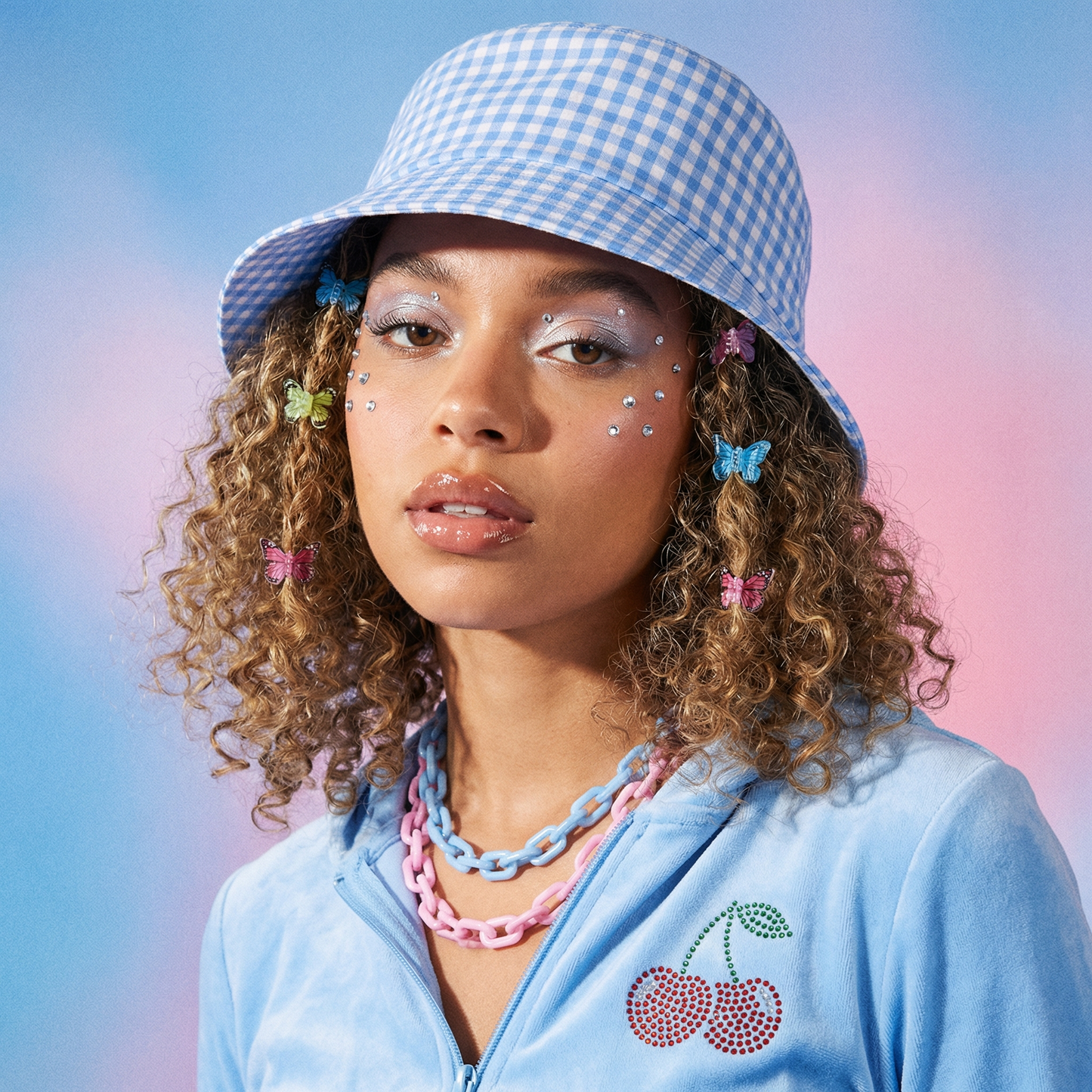 Blue Gingham Print Bucket Hat | 100% Cotton Classic Summer Sun Hat