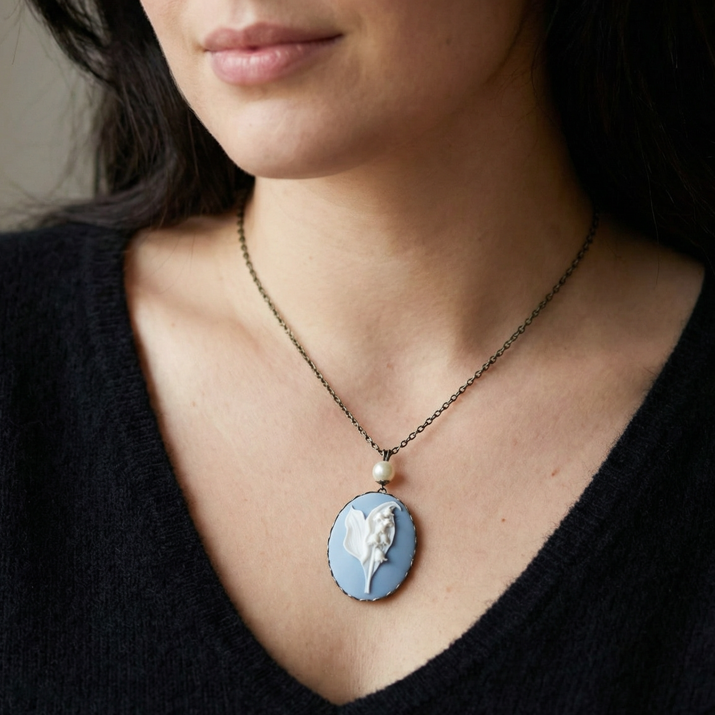 Blue Lily Of The Valley Cameo Necklace