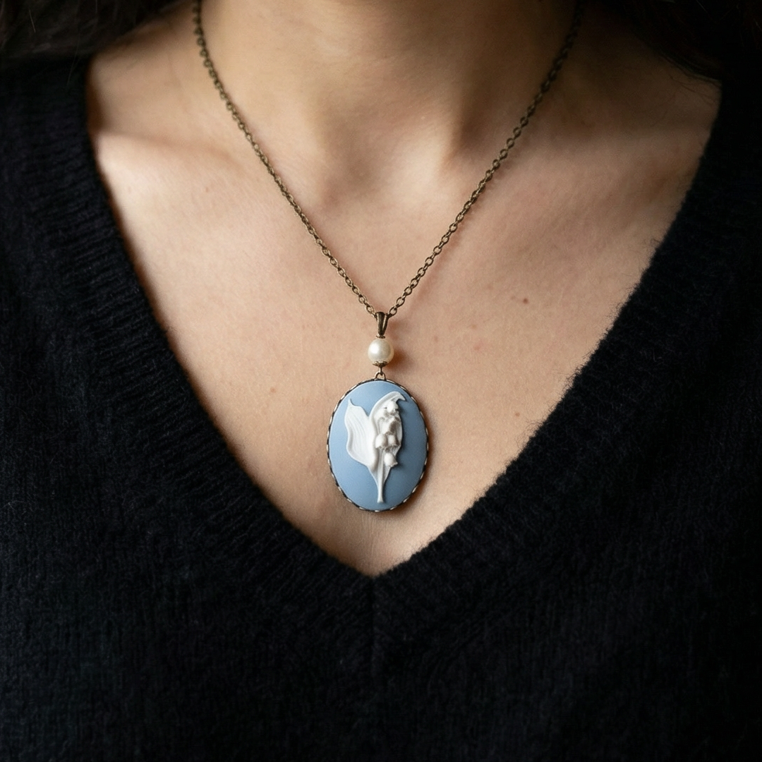 Blue Lily Of The Valley Cameo Necklace