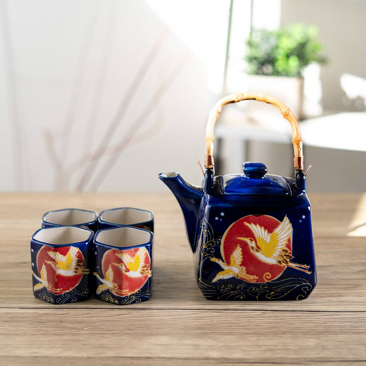 Blue Moon Crane Porcelain Tea Set | 20 fl oz Teapot and 4 Hexagon Cups