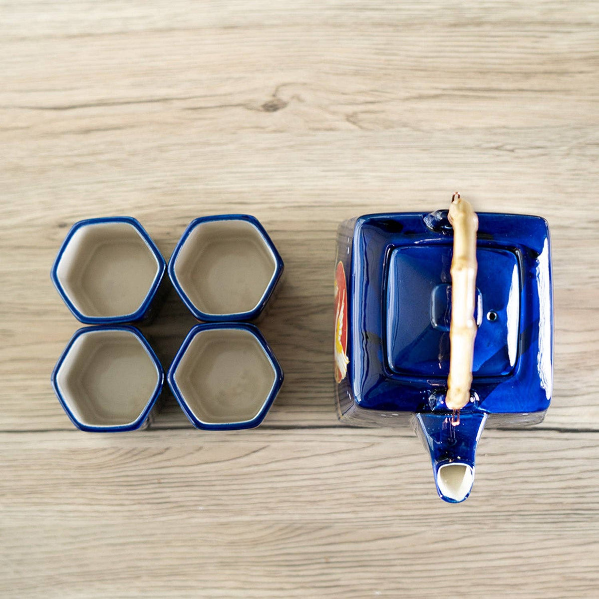 Blue Moon Crane Porcelain Tea Set | 20 fl oz Teapot and 4 Hexagon Cups