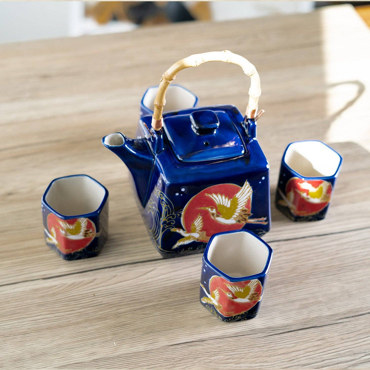 Blue Moon Crane Porcelain Tea Set | 20 fl oz Teapot and 4 Hexagon Cups