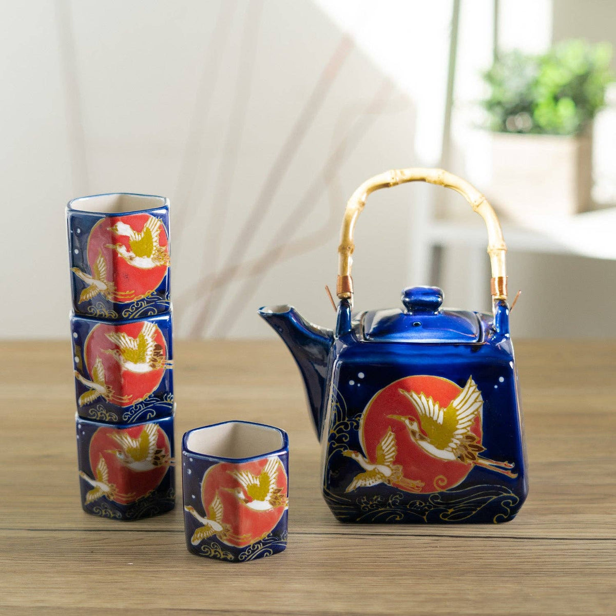 Blue Moon Crane Porcelain Tea Set | 20 fl oz Teapot and 4 Hexagon Cups