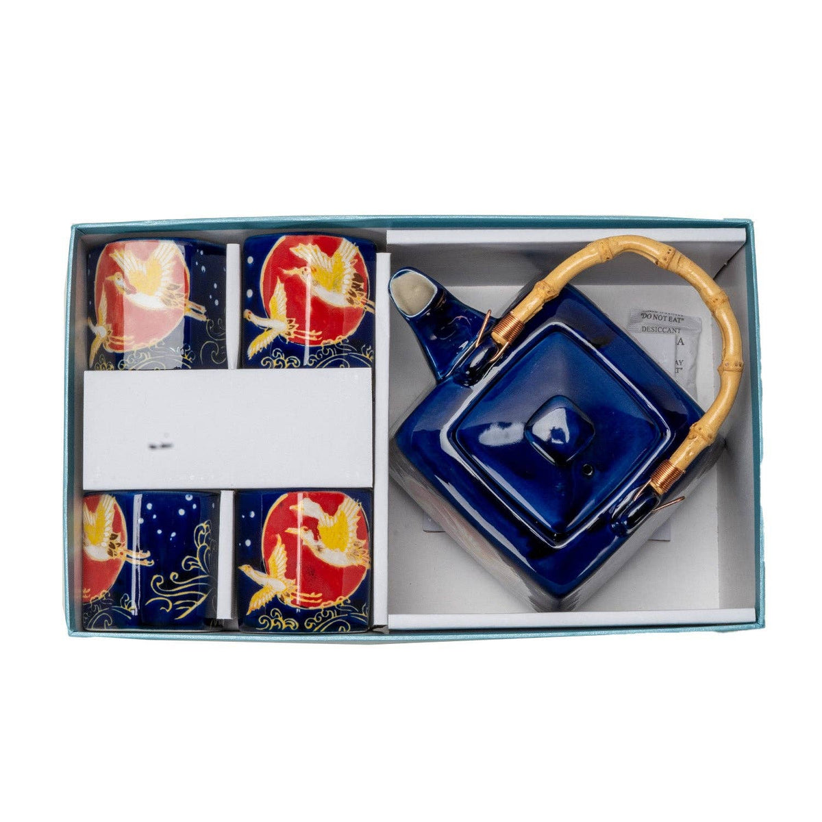 Blue Moon Crane Porcelain Tea Set | 20 fl oz Teapot and 4 Hexagon Cups